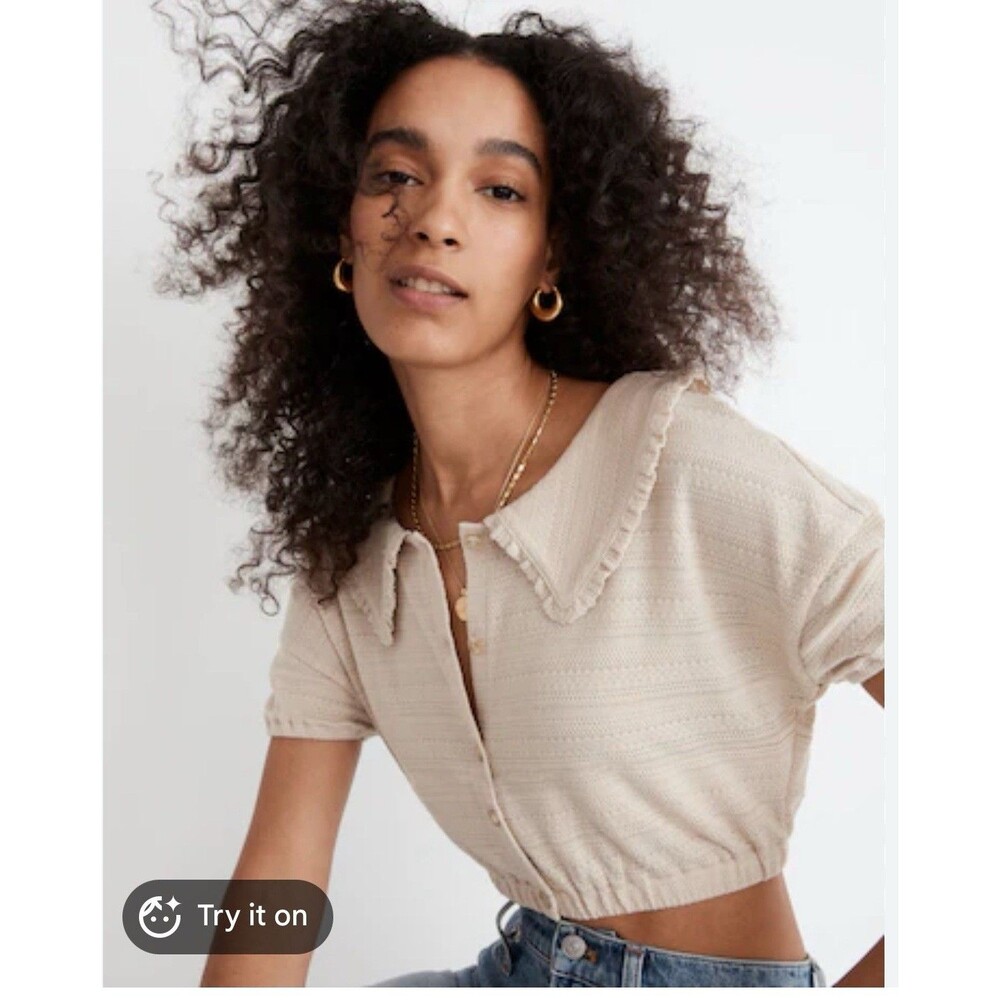 Madewell Ruffle-Collared Crop Tan Top Large Cottagecore Preppy Casual Prairie - Picture 2 of 9